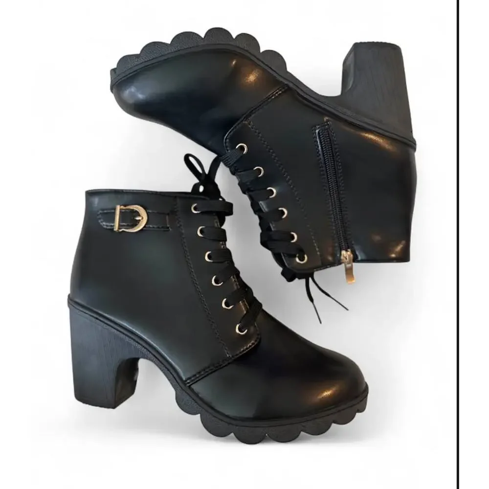 Black Faux Leather Lace-Up Chunky Heel Ankle Boots 9.5